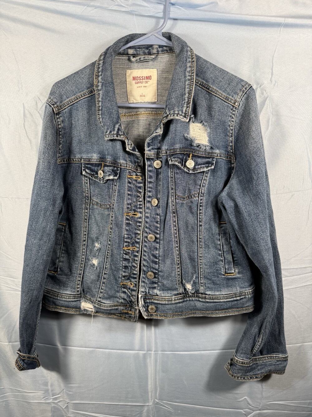 Mossimo Supply Co Women Large Distressed Denim Jacket Blue Jean Y2K Grunge